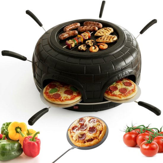 CuisineKing 3-in-1 Pizza Grill Oven G1 - 6 Personen - Raclette, Grill en Pizzaoven - Handgemaakte Terracotta Koepel - Gourmetstel - Incl. 6 Spatels en deegvorm