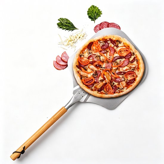 Aluminium pizzaschep met houten handgreep - Extra groot blad - Antiaanbaklaag - Afgeronde hoeken - Lichtgewicht - 30,5 x 35,5 cm blad - 88,5 cm lang