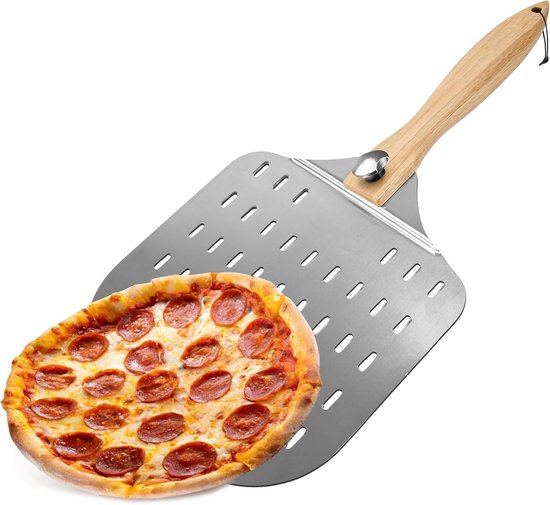 Pizzaschep - Pizzasnijder - Pizzaplank - Pizzaschep geperforeerd - Oven accessoires - RVS pizza schep - Geperforeerd blad voor pizzaoven, BBQ en oven - Opvouwbaar - 30 x 60 cm