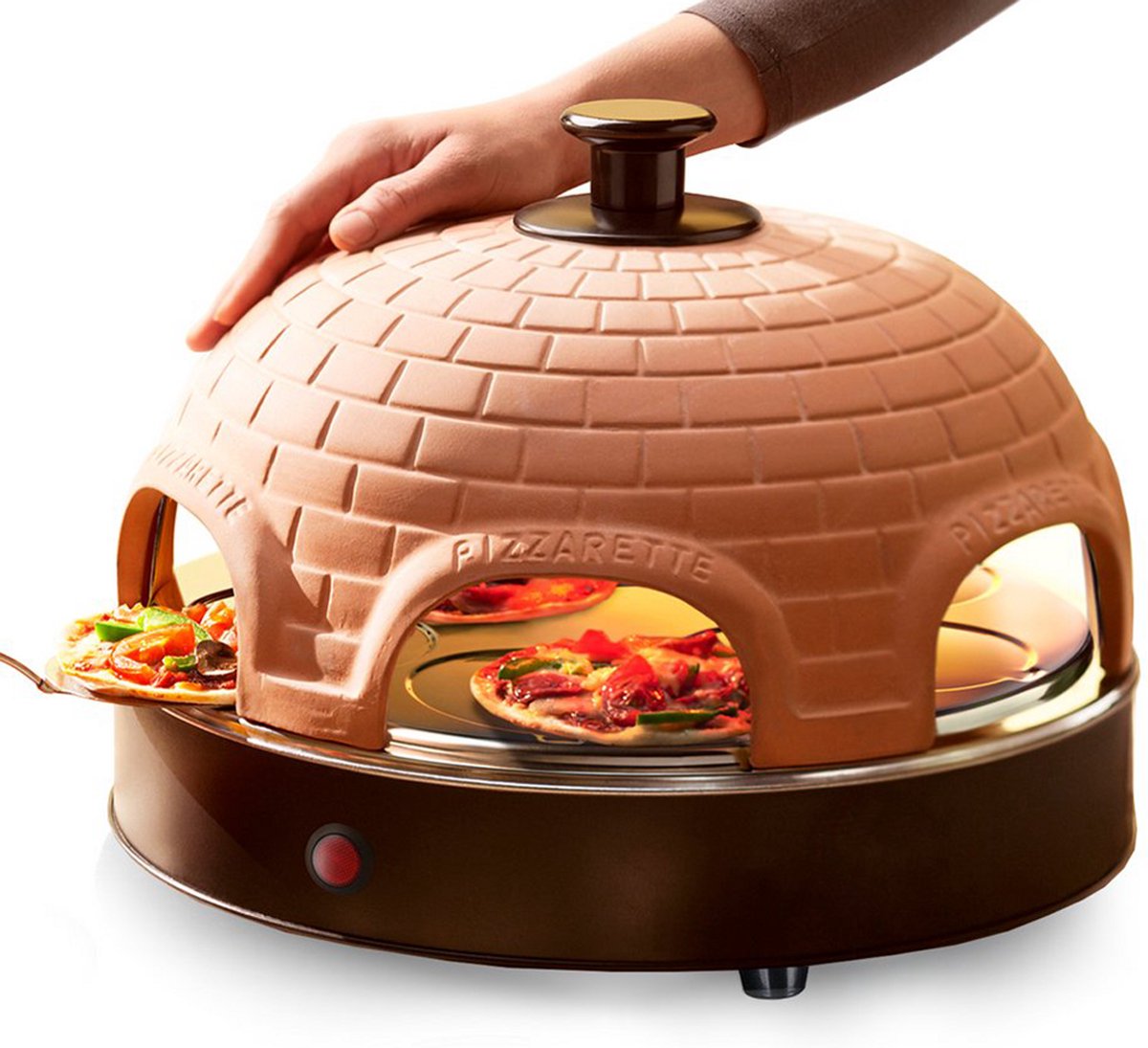 Handgemaakte Terracotta Koepel — Emerio Pizzarette Origineel - 6 Geïsoleerde Bakspatels - RVS Bakplaat - Gourmetstel met Cool touch koepel - PO-115984 1200W - 6 Persoons Pizza Oven