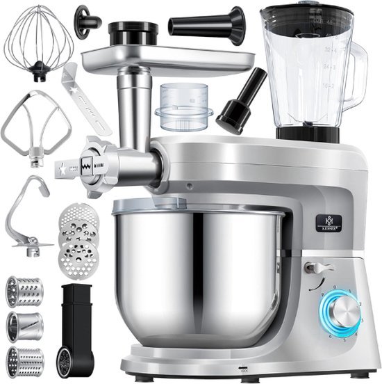 Luxe Keukenrobot – 3 in 1 Keukenmachine – Foodprocessor – Keukenmixer – Worstenmaker – Snijmachine – Raspen – Deegmachine – 1.5L – 1700W – Zilver