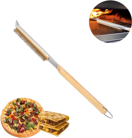 1 stuk - De pizzaborstel - met roestvrijstalen steenschraper, messing borstelharen, houten handvat en ophangring - is een accessoire voor pizzaovens voor buiten, compatibel met Ooni, Gozney, Blackstone en Solo Stove ovens (53 cm, bruin)