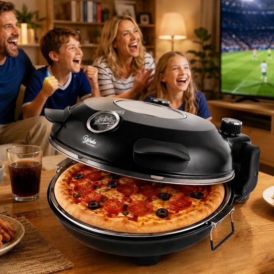 Novaro Pizzaoven - Elektrisch - 420 °C - 1200 Watt - Pizzaovens - Keramische steen 32 cm - 5 temperatuurniveaus - Kijkvenster - Zwart