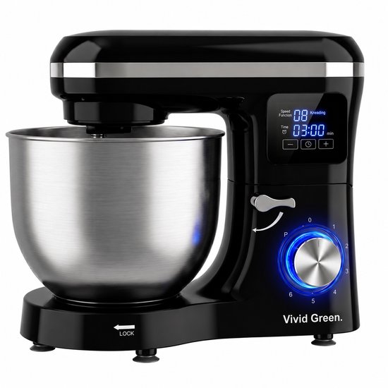 Vivid Green 2000W Keukenmixer - Timer & Automatische Stop - Geschikt voor Zwaar Deeg - 6,2L Mengkom - Keukenmachine - Keukenrobot - Zwart