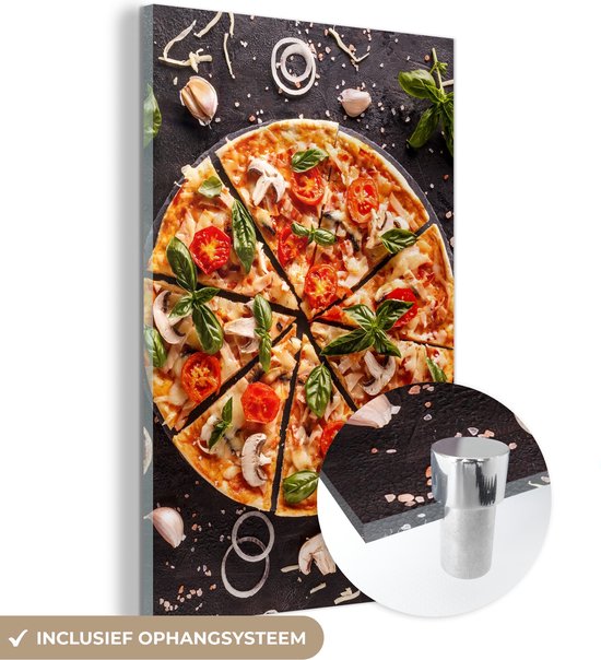 MuchoWow® Glasschilderij 120x180 cm - Schilderij acrylglas - Pizza - Groente - Kruiden - Keuken - Industrieel - Foto op glas - Schilderijen