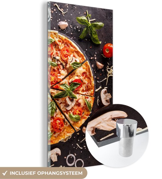 MuchoWow® Glasschilderij 60x120 cm - Schilderij acrylglas - Pizza - Groente - Kruiden - Keuken - Industrieel - Foto op glas - Schilderijen