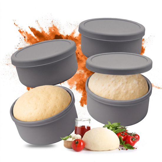 Deegbak pizza - set van 4 - met deksel - siliconen - donkergrijs