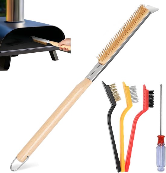 66 cm, pizzaoven-accessoires met stalen schraper, roestvrij staal, pizzaovenborstel, grillborstel, messing borstelharen, houten handvat voor buitenovens, gasgrill