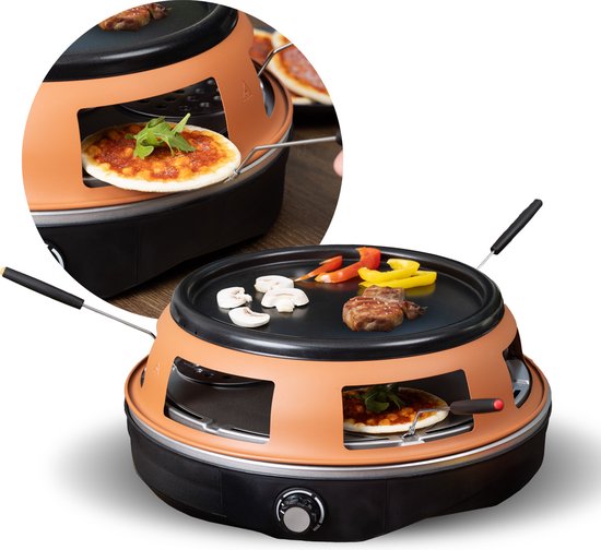 BluMill Pizza Oven en Gourmetstel – 2 in 1 - 6 Persoons – Mini Pizza Oven – Temperatuurregelaar - Incl. Spatels – 1200W
