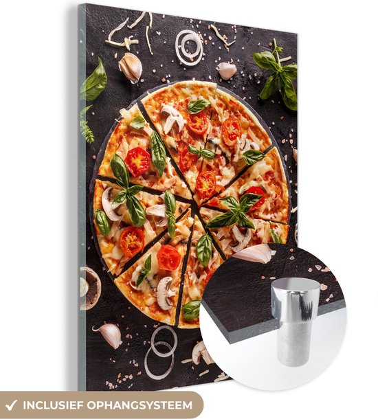 MuchoWow® Glasschilderij 30x40 cm - Schilderij acrylglas - Pizza - Groente - Kruiden - Keuken - Industrieel - Foto op glas - Schilderijen