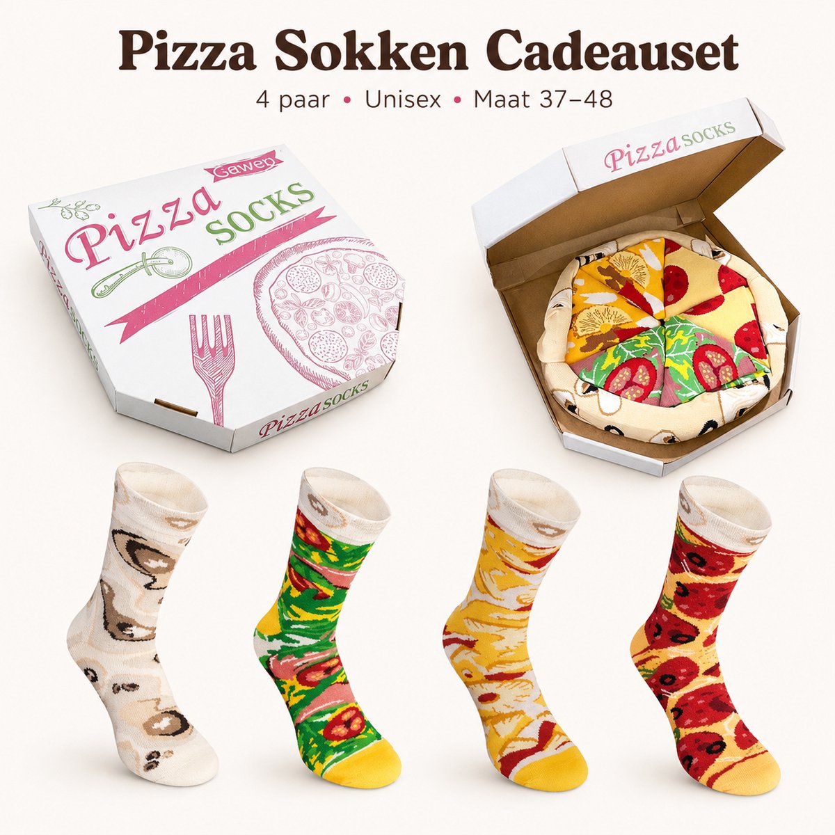 Geweo cadeau Pizza Sokken Unisex - Happy Socks Doos - Maat 37-48 -4-Pack