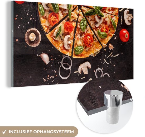 MuchoWow® Glasschilderij 80x40 cm - Schilderij acrylglas - Pizza - Groente - Kruiden - Keuken - Industrieel - Foto op glas - Schilderijen