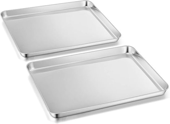 Baking tray set of 2 - Stainless steel 40.5 x 30.5 x 2.5 cm - Large oven tray for baking, cooking, and serving - High gloss and rustproof - Non-toxic and healthy - Dishwasher safe