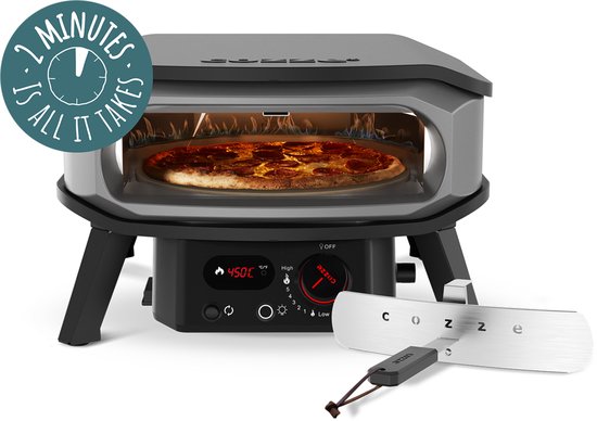 Cozze® 13" Premium Rotate pizza oven gas 30 mbar – 6,0 kW roestvrijstalen U-brander, automatische ontsteking, LED-bediening en thermometer – met pizzasteen Ø 34,5 cm – snelle pizza’s in 2 minuten – duurzaam buiten koken