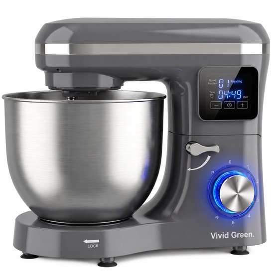 Vivid Green 2000W Keukenmixer - Timer & Automatische Stop - Geschikt voor Zwaar Deeg - 6,2L Mengkom - Keukenmachine - Keukenrobot - Grijs