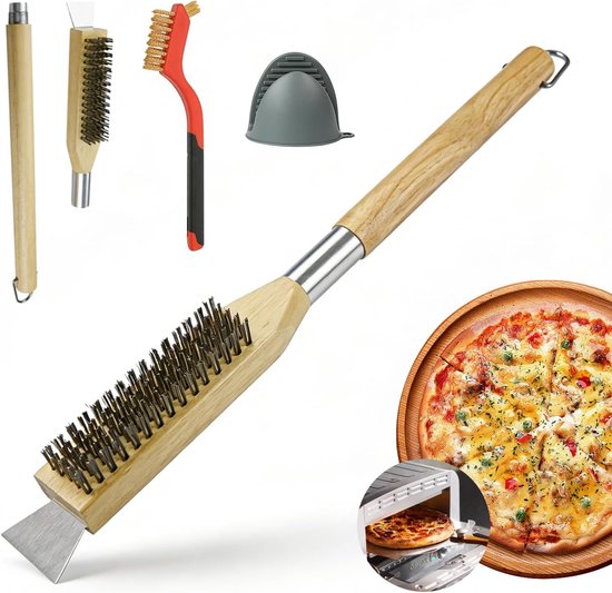 50 cm pizzasteenborstel met schraper en roestvrijstalen borstelharen, hittebestendig en duurzaam houten handvat, pizzasteen, borstelset, ring om op te hangen, voor pizzaoven