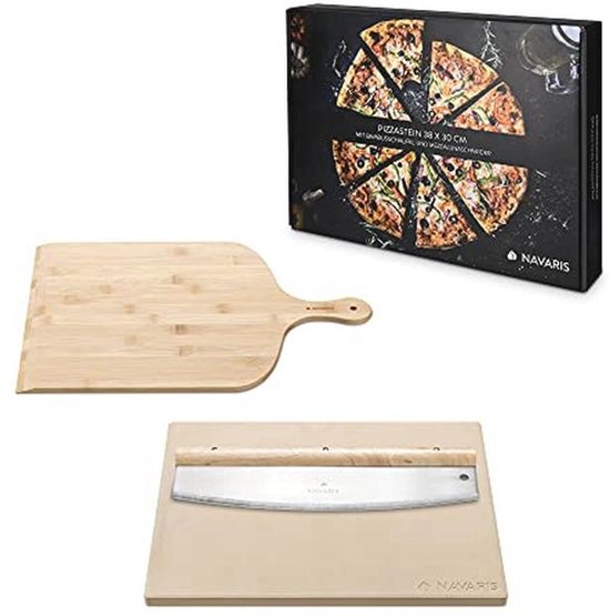 XL Pizza Stone voor Oven, Grill en Barbecue - Inclusief Pizza Schep en Mezzaluna Kruiden Snijder - 38 x 30 cm