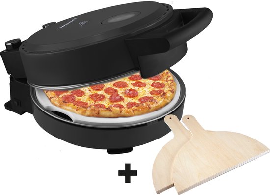 Bestron Turbo Pizzaoven voor pizza's in 5-10 minuten, elektrische pizzaoven met echte maximumtemperatuur van 320°C, inclusief pizzasteen en 2 grote houten spatels, Black Label, kleur: Matzwart
