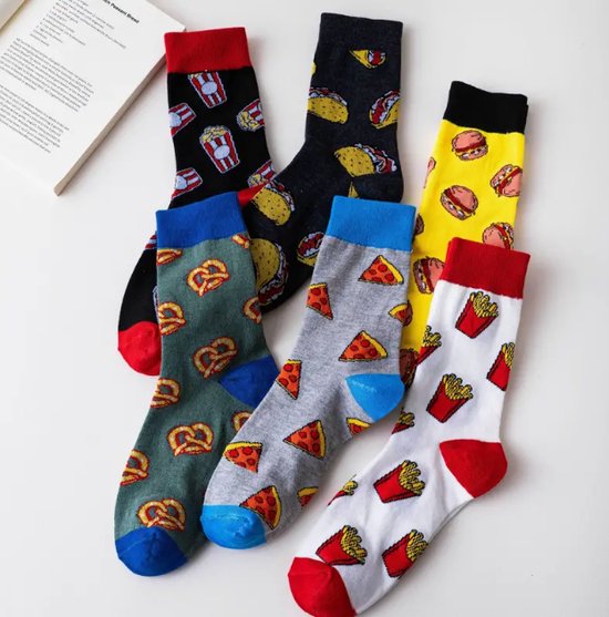 Fastfood sokken maat 34-40 | 6 Stuks | Happy Socks | Grappige sokken | Patat sokken | Hamburger sokken | Popcorn sokken | IJs sokken | Pizza sokken | Pretzel Sokken | cadeautje voor kinderen | jongens en meisjes