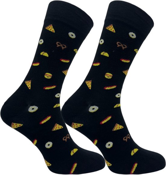 La Pèra - Happy Food Socks – Zwarte Heren & Dames Sokken 35-38– Katoen – Pizza & Hamburger Print – Vrolijke Cadeausokken – Origineel Sokken Cadeau
