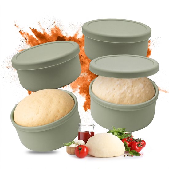 Deegbak pizza - set van 4 - met deksel - siliconen - salie