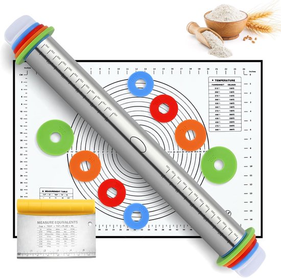17 Inch Verstelbare RVS Deegroller - Deegroller Met Dikte Instelling - Bakgereedschap Voor Deeg - Rolstok Voor Pizza Koekjes Brood En Pasta - Inclusief Siliconen Bakmat