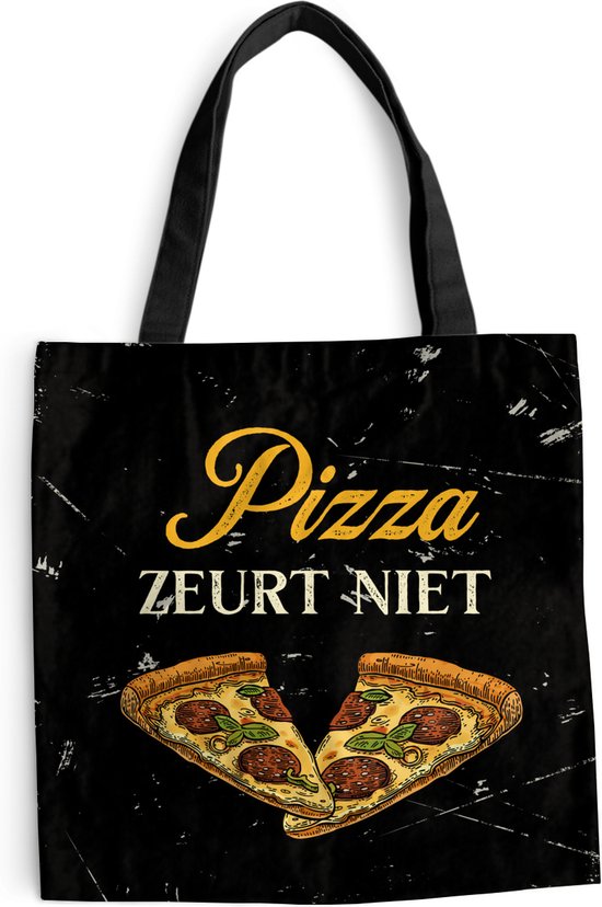MuchoWow® Schoudertas - Strandtas - Big Shopper - Boodschappentas - Pizza - Quotes - Zwart - 45x45 cm - Katoenen tas - Cadeau voor vrouw - Cadeau voor man