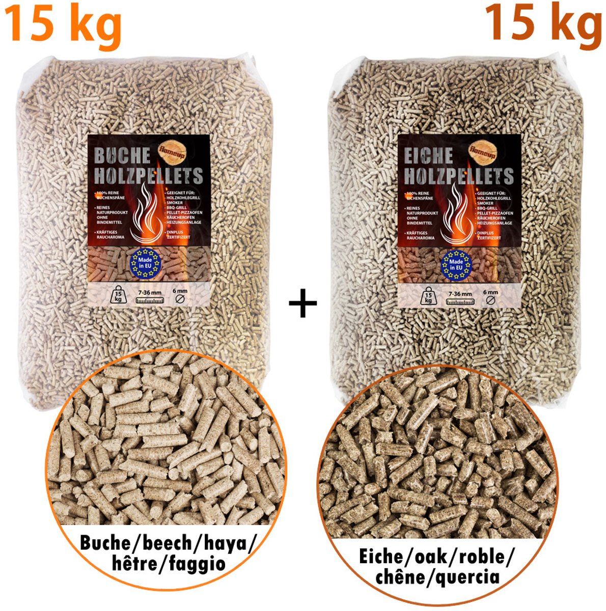 15 kg Eikenhoutpellets + 15 kg Beukenhoutpellets voor Grill, Smoker, Houtoven, Pizzaoven, BBQ, Buitenoven, Grillhout, Houtpellets, Tuin, Roken, Pizza, Houtrook, Accessoires, Rook, Flameup