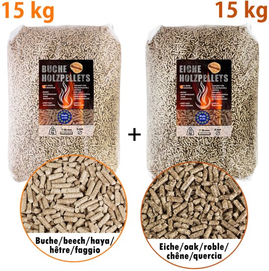 15 kg Eikenhoutpellets + 15 kg Beukenhoutpellets voor Grill, Smoker, Houtoven, Pizzaoven, BBQ, Buitenoven, Grillhout, Houtpellets, Tuin, Roken, Pizza, Houtrook, Accessoires, Rook, Flameup