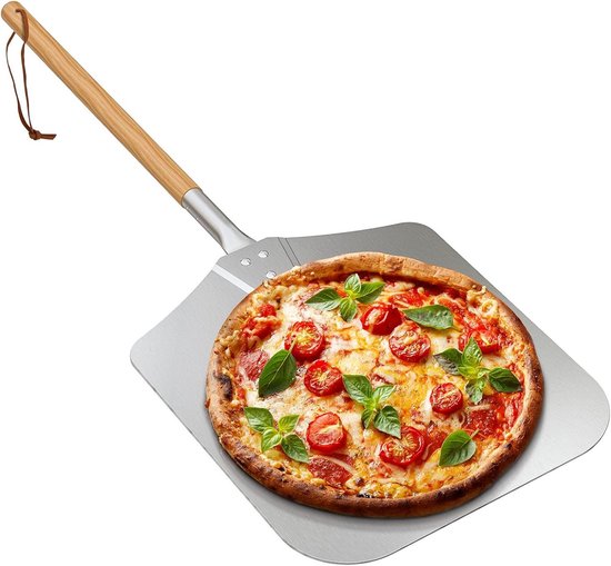 Pizzaschep houten handvat - Aluminium - 28 cm lang - Voor binnen en buiten - 1 stuk - Zilver