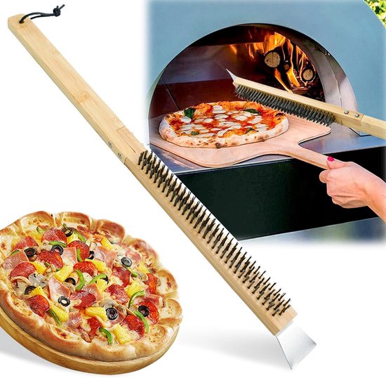 Vouwbare en Afneembare Pizzaborstel van RVS, 2-in-1 BBQ Schoonmaakgereedschap met Houten Handvat voor Grill en Oven, Ideaal voor Buitenkeuken en Pizzabereiding