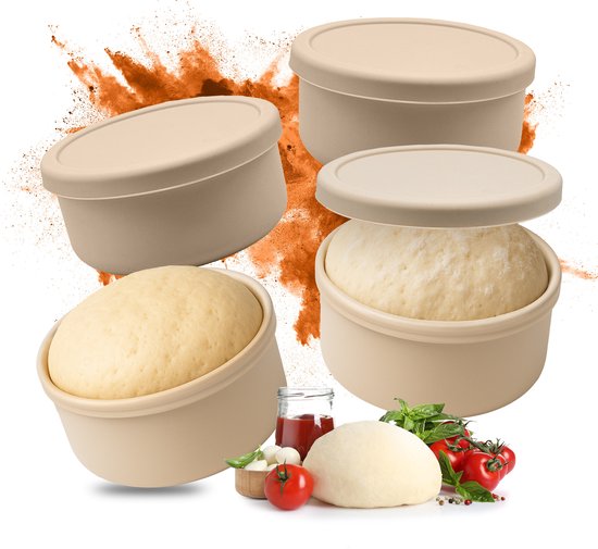 Deegbak pizza - set van 4 - met deksel - siliconen - beige