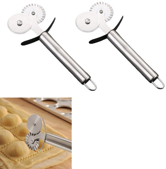 2-delige set – Pizzasnijder met dubbele wielen – Pizzaroller – Deegsnijder – Gebaksnijder – Vaatwasmachinebestendig – Gemakkelijk snijden – Roestvrij staal – Gekarteld en recht mes – Zilver – 17,8 x 6,6 cm – voor pizza, pasta, deeg en koekjesdeeg
