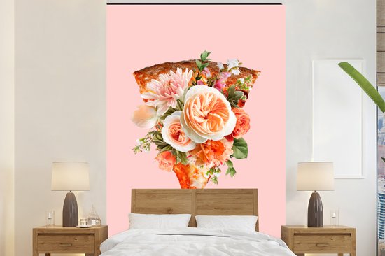 Behang - Fotobehang Stilleven - Pizza - Bloemen - Breedte 145 cm x hoogte 220 cm