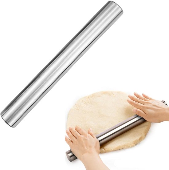 Deegroller van roestvrij staal - Deegroller - Bakroller - Holle deegroller - Materiaal roestvrij staal - Gemakkelijk schoon te maken - Bakgereedschap - 20 * 2,5 * 2,5 cm - Geschikt voor bakken, pizza, pasta, deeg, koekjes - Zilver