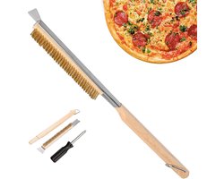 Pizza oven borstel 55cm - RVS schraper en messing borstel - Houten handvat - Effectieve reiniging voor pizza steen - ShopVlot