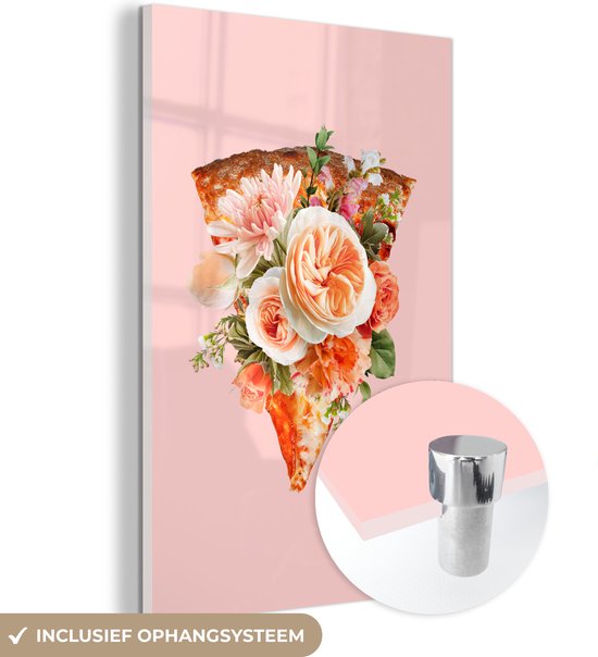 MuchoWow® Glasschilderij 40x60 cm - Schilderij acrylglas - Stilleven - Pizza - Bloemen - Foto op glas - Schilderijen