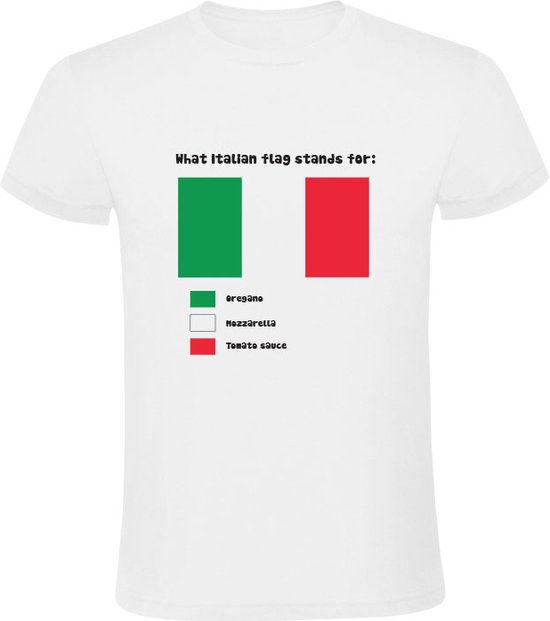 What Italian flag stands for Heren T-shirt - tomatensaus - mozzarella - oregano - ingredienten - menu - pizza - recept - eten - pasta - humor - grappig