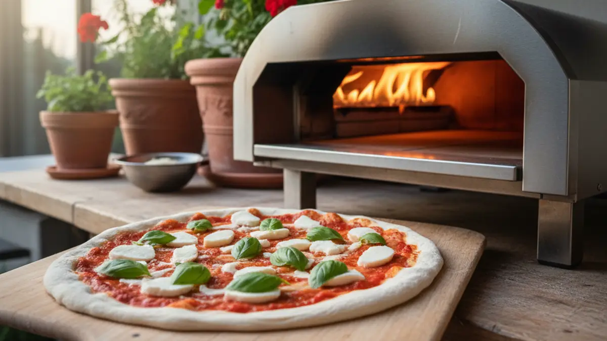 Feuilles de basilic frais sur une pizza Margherita brûlante