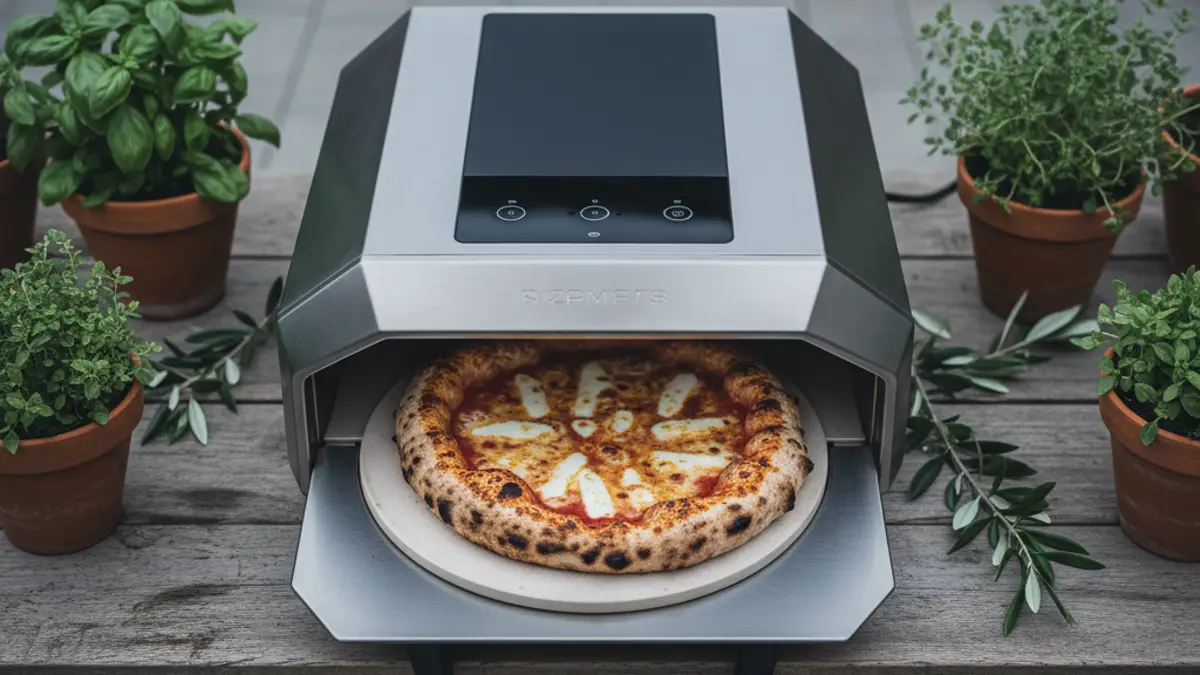 Four à pizza électrique sur un plan de travail en bois dans la cuisine