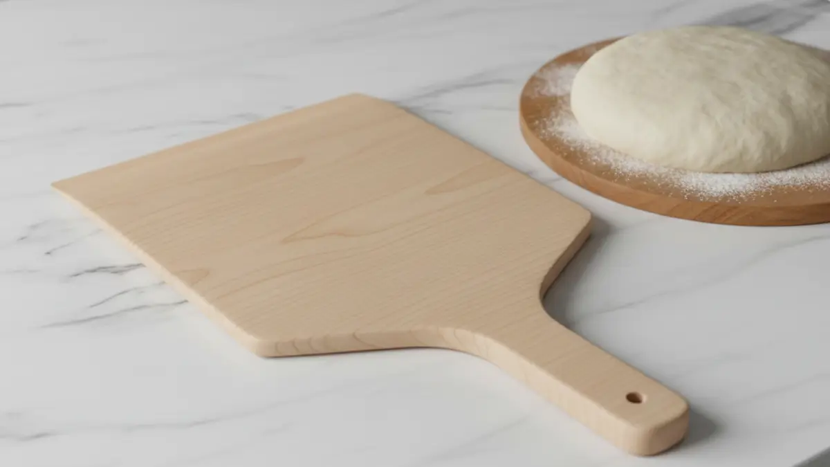 Pelle à pizza en bois de hêtre sur un plan de travail en bois