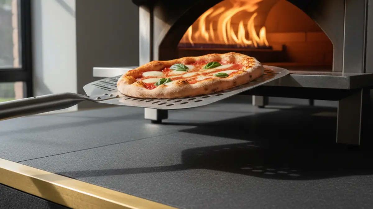 Pelle à pizza en aluminium perforé enfournant une pizza