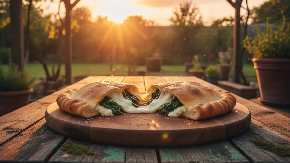 Calzone coupée en deux avec garniture chaude d'épinards et ricotta