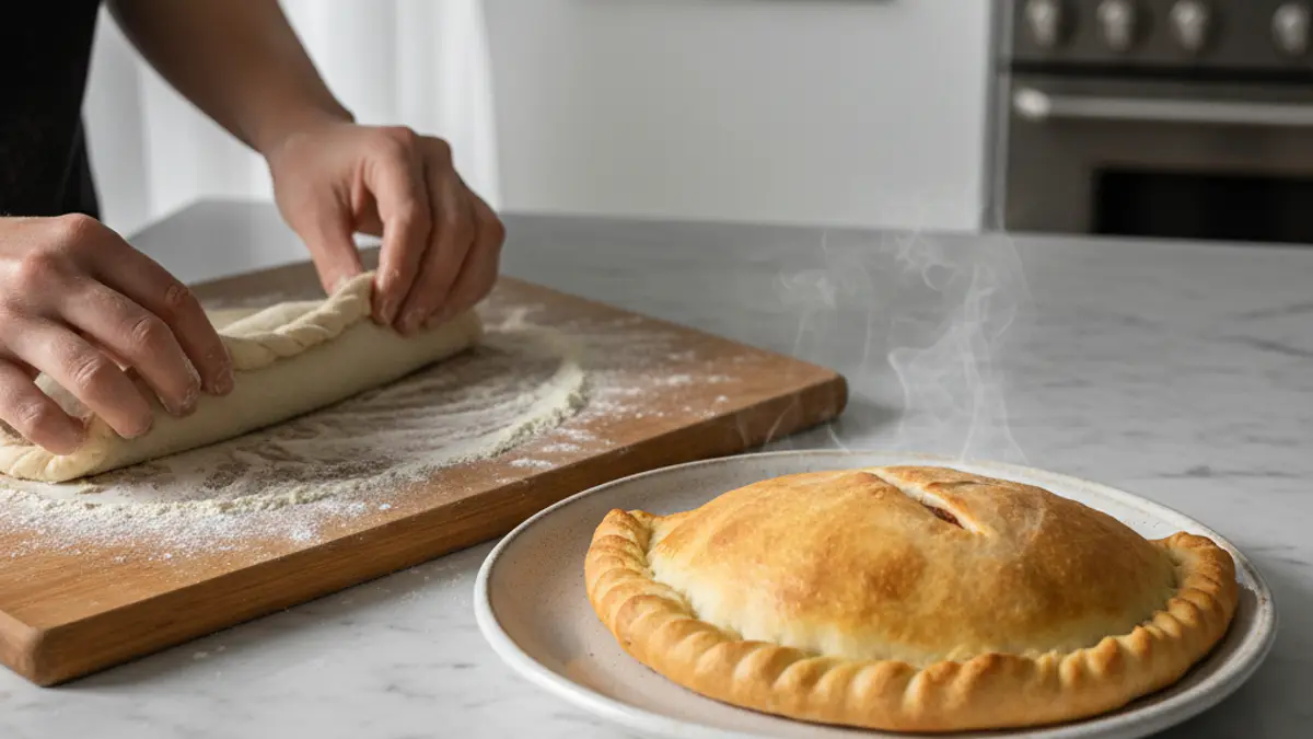 Fermeture du bord de pâte d'une calzone sur un plan de travail fleuré
