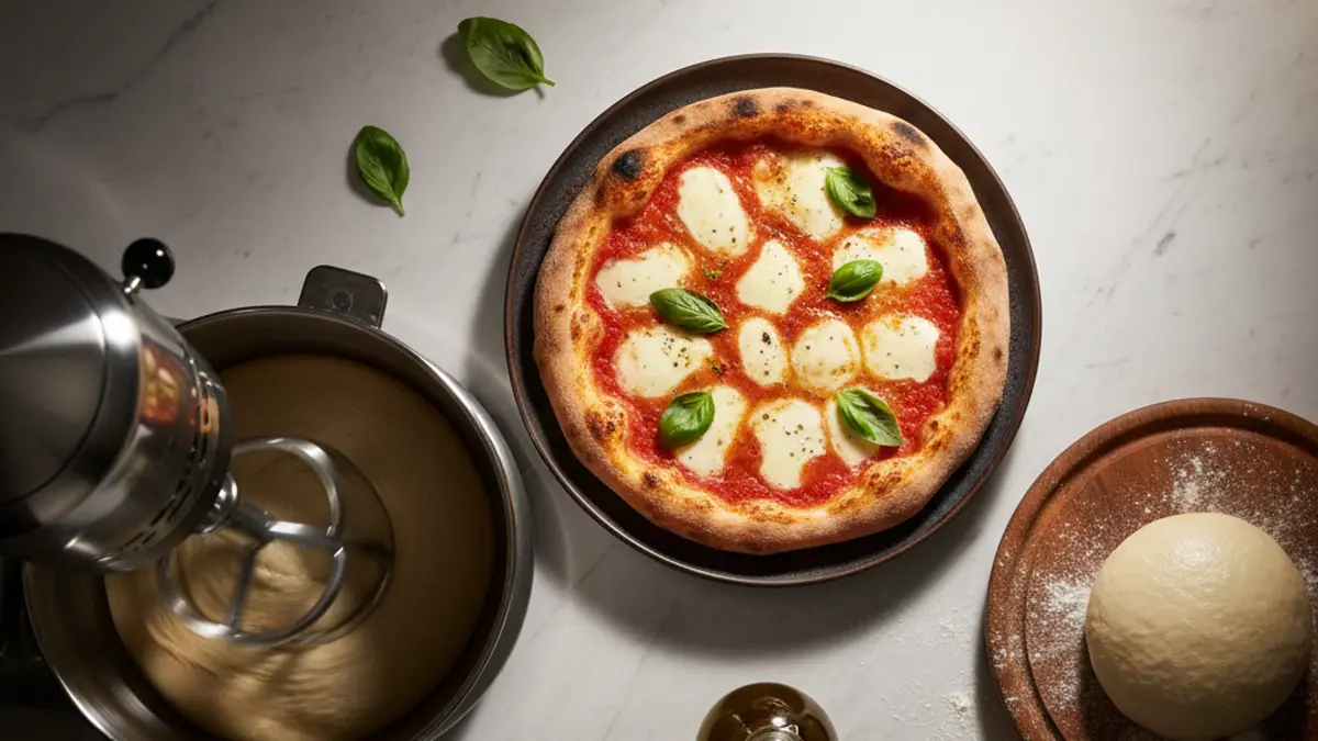 Pétrin à spirale pétrissant une pâte à pizza souple dans un bol en acier inoxydable