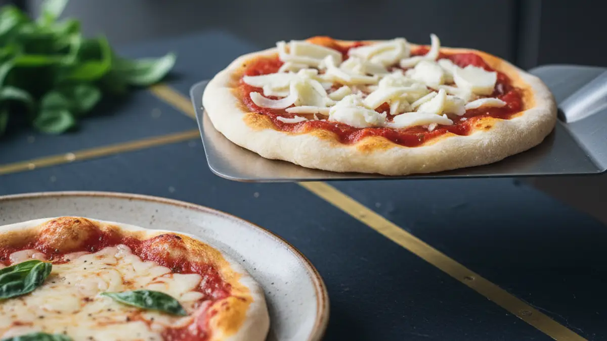 Mini-pizza sur une spatule en acier inoxydable prête à être glissée dans le four