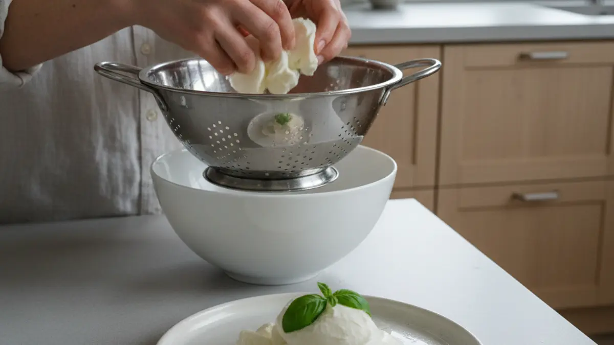 Gescheurde verse mozzarella die uitlekt in een metalen vergiet