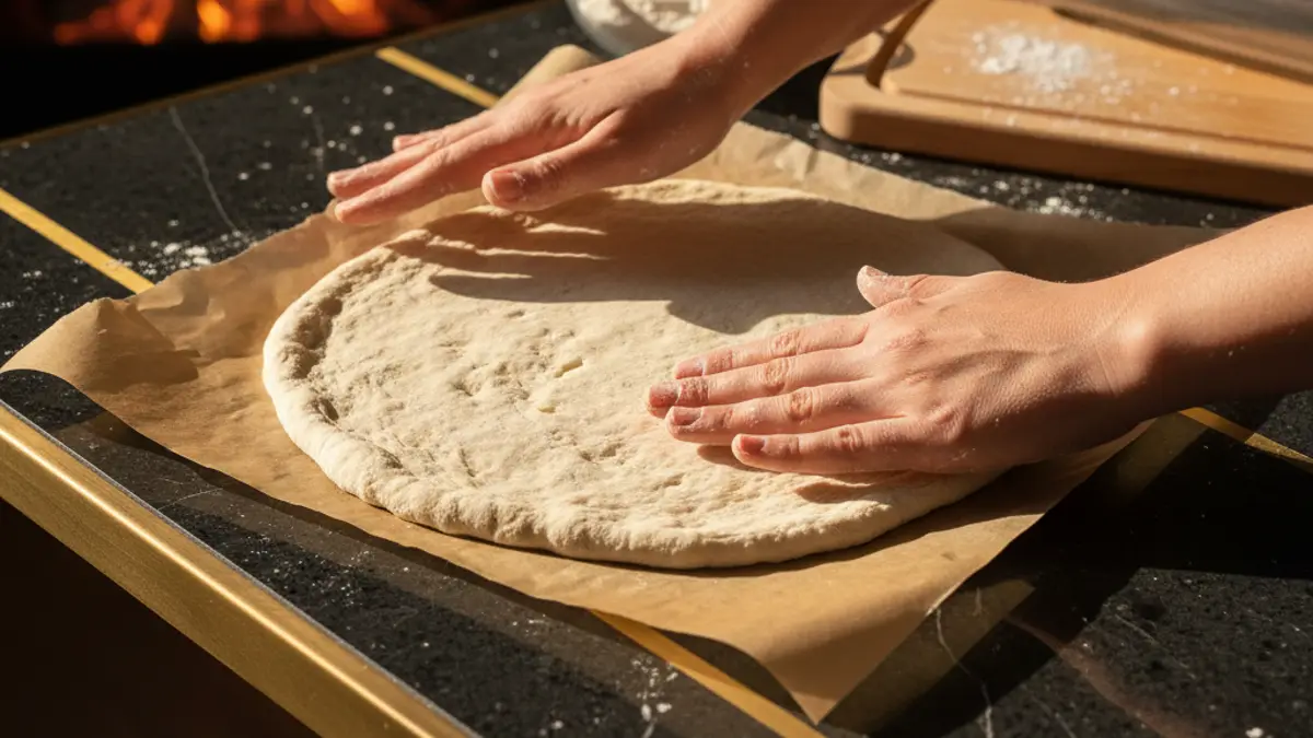 Étaler la pâte à pizza sans gluten sur du papier cuisson
