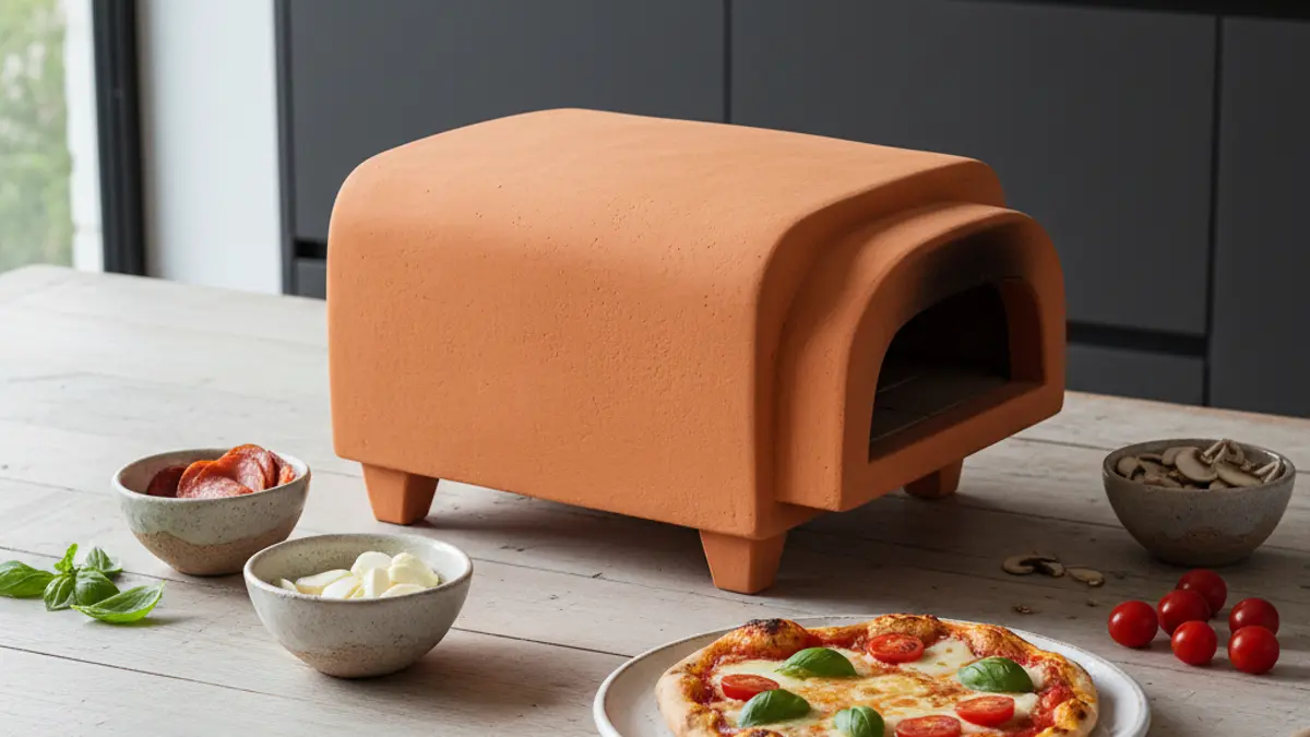 Mini-four à pizza en terre cuite sur une table à manger conviviale
