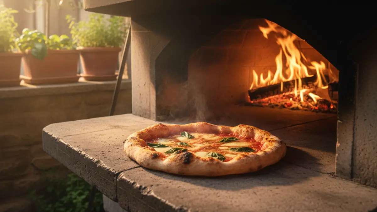 Pizza napolitaine dans un four d'extérieur chaud avec des flammes